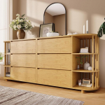 Merax Sideboard kapp 6 sahtliga ja avatud riiulitega, puidust k&ouml;&ouml;gikapp buffet rooma disainiga, sammaste ja bambusest riiulitega ning reguleeritava k&otilde;rgusega jalgadega, tamm/160 x 40 x 75 cm, Tamm/160 x 40 x 75 cm