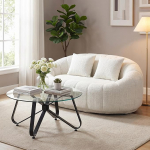 FurnitureR Sofa Set mit Couchtisch, Modernes 2-Sitzer Sofa aus Boucl&eacute; Stoff und Runder Glastisch 80 cm, Wohnzimmer M&ouml;bel Set im Skandinavischen Stil, Cremewei&szlig; | Boucl&eacute; 2-Sitzer Sofa, Glastisch 80 cm, Modernes Sofa Set, Weicher Komfort, Bis 250 kg ko ...