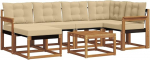Salongikomplekt 7-TLG. Gartenm&ouml;bel aus massivem Akazienholz und Textilene, modulares Outdoor Sofa inklusive Tisch, Hocker und Kissen, Sitzgruppe f&uuml;r Terrasse, Balkon und Garten, Natur Beige