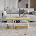 Set mit 2 rechteckigen Wohnzimmertischen: Couchtisch + Beistelltisch - Couchtisch mit Metallgestell f&uuml;r Wohnzimmer, modern, goldwei&szlig;