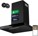 CIARRA CBCB6102 A+++ Cooker Hood 60 cm Recirculation with App Touch Control Extractor Hood 650 m&sup3;/h CBCF003 Activated Carbon Filter TouchControl 4 Levels Includes Booster Black