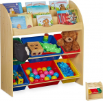 Relaxdays laste riiul 6 hoiukastiga Madal m&auml;nguasjade riiul MDF plastikust 89 x 82,5 x 32 cm Puiduefektiga