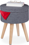 Relaxdays Stool with Table Function, Padded Lid, Storage Space, H x D: 45.5 x 37 cm, Fabric, Wooden Legs, Grey/Natural