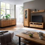 Living Room Furniture Set in Partially Solid Oak with Coffee Table, 138 cm Lowboard and LED Lighting, 5 Pieces, Real Wood/Solid Wood Fronts, Oiled