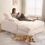 DEKKETO &Uuml;lisuur Corduroy diivanvoodi 175 x 137 cm, laiade k&auml;etugedega pilves diivan, 4 komplekti padjad, &uuml;heosaline vahtpolsterdatud diivan ilma kokkupanekuta, mugav diivanvoodi elutuppa, k&uuml;lalistetuppa, beeži v&auml;rvi.