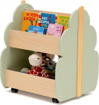 HOMASIS laste raamaturiiul, m&auml;nguasjade riiul 2 sektsiooniga, puidust laste riiul, 4 rattaga seisev riiul, armas m&auml;nguasjakasti hoiukoht lastetuppa, m&auml;ngutuppa ja lastetuppa (roheline + naturaalne)