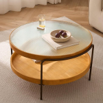 &Uuml;mmargune kohvilaud, elutoa laud koos hoiuruumiga, 2-tasandiline kohvilaud puidust karastatud klaasiga, suur hoiuruumiga kohvilaud metallraamiga elutuppa, magamistuppa, 76 x 76 x 45 cm.