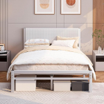 JUISSANO polsterdatud voodi 120 x 200 cm voodiraam Noorte voodiraam Voodi 120 x 200 cm metallist liistude raamiga, pehmendusega pjedestaal, kaasaegne &uuml;heinimesevoodi, k&uuml;lalisvoodi, metallist voodi koos peatoega, valge
