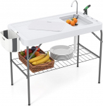 FANTASK Kaasaskantav kalapuhastuslaud, kokkupandav kalapuhastuslaud, v&auml;livalamu koos valamu, riiulitega, kraaniga, pihustusotsikuga, pr&uuml;gikoti hoidja ja nuga-auguga, aeda, terrassile.