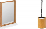 Relaxdays Wall Mirror with Shelf, Bathroom Mirror with Frame, Natural/White, 54.5 x 38 x 12 cm & Toilet Brush Holder, Bamboo, H x W x D, 33 x 10.4 x 10.4 cm, Plastic Toilet Brush in Stainless Steel