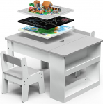 Laste laud koos 2 tooliga, multifunktsionaalne m&auml;nguv&auml;rvimise lugemine, 4 vahetatavat taldrikut, reguleeritav ja kallutuskindel, hoiuruum, stabiilne kuni 60 kg, ohutu alates 3-aastastest lastest.