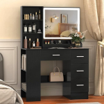 Valgustusega riietuslaud, must, kosmeetikalaud LED-peegli ja valguse ning hoiuruumiga, riietuslaud 4 sahtliga, 2-tasandiline k&uuml;lgkapp &ouml;&ouml;kapina, 90 cm meigilaud