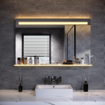 LED vannitoa peegel, 1000 x 650 mm, karastatud klaasist riiuliga, 3 v&auml;rvitemperatuuri, uduvastane, puutetundlik l&uuml;liti ja pistikupesa, seinapeegel, LED vannitoa peegel, kosmeetikapeegel