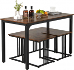 SOARS Dining Table with 2 Stools & Bench, Set of 4 Kitchen Tables 120 x 60 x 75 cm, Industrial Dining Set with Stainless Metal Structure, Table with 3 Chairs Set for Living Room, Dining Room (Brown)