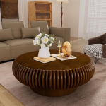 Grooveeritud trummel T&auml;ispuidust kohvilaud Vastupidav k&auml;sitsi valmistatud &uuml;mmargune keskne laud kunstilise soonedisainiga kodu kaunistamiseks (p&auml;hkelpuu 80 cm)