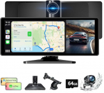 10,26-tolline traadita Carplay Android autokuvar, kaasaskantav autoradio koos 4K Dash Cam + 1080P tagantvaate kaameraga, Siri / Google Assistant, GPS-navigatsioon, Bluetooth, Mirror Link, FM, 64G TF k&otilde;ikidele