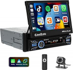 1 DIN juhtmevaba Carplay Android autoraadio 7-tollise motoriseeritud Flip Out puuteekraaniga autoraadio Bluetooth-&uuml;hendus peegel FM USB AUX SD tagurduskaamera roolijuhtimispuldiga