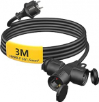 V&auml;litingimustes kasutatav 3 m pikenduskaabel 3 Schuko pistikupesaga, kummist pikendus 3500 W kaitsekorgiga v&auml;litingimustes IP44, toitejuhe H05RR-F 3G 1,5 mm&sup2; 3-kohalise jaoturiga, 16 A/250 V, must