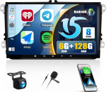 CAMECHO 6+128G 9-tolline autoraadio Android 15 Golf 5 6 VW Polo Touran Tiguan Passat B6 B7 Seat Skoda, 8-tuumaline traadita Carplay Android auto Bluetooth raadio WiFi GPS FM/RDS + Canbus tagumine vaade