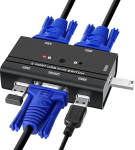 TCNEWCL 2 Port KVM Switch VGA 2-in-1 kaabliga, VGA USB KVM Switcher 2 PC-d 1 monitor, 3 USB 2.0 liidesega klaviatuurile, hiirele, printerile, U draivile, toetab 1080P Full HD'i