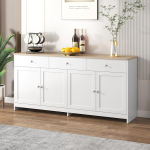 Sideboard kapp, valge, k&ouml;&ouml;gikapp 4 ukse ja 3 sahtliga, buffetkapp, k&uuml;ljepaneel, elutuba, k&ouml;&ouml;k puidust t&ouml;&ouml;pinnaga, 160 L x 37 S x 75 K, puiduv&auml;rvi ja valge