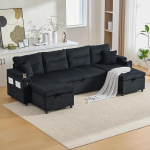 U-kujuline diivan, magamisfunktsiooniga diivan, diivanvoodi kahepoolse Chaise Longues'iga, samet, integreeritud panipaik, joogihoidjad, USB pordid, 272 x 136 x 86 cm (must)