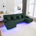 Diivanvoodi 4-kohaline U diivan LED & USB-C pordiga & 4 padjaga diivanvoodi elutuppa ja magamistuppa Velvet tumeroheline