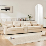 Kaasaegne 4-kohaline linasest riidest diivan koos konsooliga, 2 joogihoidjaga, 2 USB pesa laadimiseks kaabliga, k&auml;etugede taskutega ja 4 padjaga, diivan elutuppa, koju, 290 x 83 x 88 cm (beež)