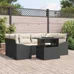 7-teiliges Terrassen Sofa Set aus Poly-Rattan in Schwarz und Creme als Gartenm&ouml;bel Set 7 St&uuml;cke mit Kissen - Outdoor Sofagarnitur 7-teilig