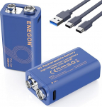 ENEGON 9V Pack of 2 laetav aku 5000mWh (1350mAh) koos Type-C laadimisega, t&auml;ielikult laetud 3 tunniga, suure v&otilde;imsusega Li-ion aku suitsuanduritele, multimeetritele, traadita mikrofonidele.