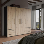 Forte MOKKARIS garderoobikapp 200 210, kaasaegne p&ouml;&ouml;rduksega kapi, 4 ust, 4 sahtlit, puukomposiit, k&auml;sit&ouml;&ouml;nduslik tammepuidust dekoor mustaga, 205,9 cm lai x 200,1 cm k&otilde;rge x 58,8 cm s&uuml;gavus