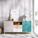 Dmora - Rainier Sideboard, elutoa buffet, kaasaegne elutoa sideboard 2 uksega, 155 x 43 x 75 cm, valge ja tammepuust.