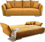 Suur diivan W242/D131/H90 cm magamisfunktsiooniga, panipaik, k&auml;etugede reguleerimine, vedrustuss&uuml;damikuga ja lainetuse allasurumisega lamamispind 168 x 199 cm, kullakaskollane n&ouml;&ouml;rkate / 17213