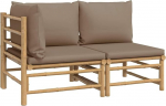 2-tlg. Bambus Garten-Lounge-Set Taupe 55/69 cm tief, modulares Outdoor-Sofa mit dick gepolsterten Kissen, robustes Material f&uuml;r Balkon Terrasse Garten, platzsparendes Design for kleine Balkone