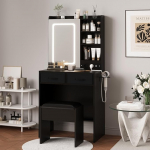 LED Schminktisch mit Ladestation, Schminktisch mit 3 Lichtmodi, gepolsterter Aufbewahrungshocker, 2 Schubladen, offene Regale, Touch-Steuerung, moderner Schminktisch f&uuml;r Schlafzimmer, Schwarz