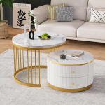 Soweiz Elegantne 2-osaline valge kohvilaudade komplekt pesakujul, &uuml;mmargused lauad k&otilde;rgl&auml;ikega marmori v&auml;limusega, 2 sahtlit, maksimaalne koormus 30 kg, pesakujuline kombineeritud kohvilaud (valge + kuldne)