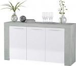 Sideboard with Three Double Doors and Three Interior Shelves, Concrete Colour with Artificial White Doors, Dimensions 144 x 80 x 42 cm