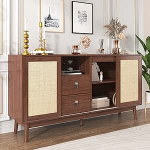 KAZZIO 3 l&uuml;kanduksega k&uuml;ljepaneel ehtsast rotangist ja 2 sahtlit, 155 x 38 x 80 cm, hingav, stabiilne ja mitmek&uuml;lgne (tumedast puidust)