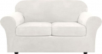 housse de canap&eacute;, Pl&uuml;sch Samt Diivan Abdeckung Set Stretch Slipcover Loveseat 2 Kissen Diivan Elastische Unterseite(Tooth White)