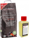 LotusGrill Beech Charcoal 2.5 kg Bag incl. LotusGrill fuel paste 200 ml, both designed for low-smoke grilling with the LotusGrill