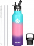 XACIOA Stainless Steel 1 L Drinking Bottle with Straw, Cold for 24 Hours/Hot for 12 Hours, 500/750/1000 ml Water Bottle for Children, Leak-Proof, BPA-Free, with 2 Lids and 1 Brush (1000 ml, Hydrangea)
