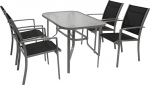 DEGAMO Pino aiakomplekt 5 tk 4x virnastatavad toolid terasraamiga ja s&uuml;nteetilisest kangast kattega 2 x 1 must 1x laud 70 x 120 cm terasraamiga ja klaasist lauaplaadiga