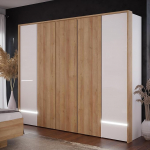 Forte LENYBELARDO riidekapp 250, kaasaegne l&uuml;kandustega/liugustega riidekapp 4 uksega, puitkomposiit, Riviera tamm/valge, 250 cm lai, 210,5 cm k&otilde;rge, 54,2 cm s&uuml;gavus.