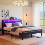 HOJINLINERO voodi 160 x 200 cm, voodiraam 160 x 200 cm, voodiraam 160 x 200 cm, voodi USB laadimisfunktsiooniga ja LED-valgustusega, kaasaegne hoiuvoodi, metallist/puidust voodiraam.