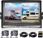 Hikity tagurduskaamera 2 kaamera komplekt, 9-tolline LCD-monitor laia nurgaga &ouml;ine n&auml;gemine IP69 veekindel 1080P tagavarakaamera 32G SD-kaart veoauto / haagise / bussi / kaubiku / p&otilde;llumajanduse jaoks koos 33ft + 33ft kaabliga 12-35V