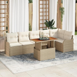 Rantry 7-Teiliges Garten Sofa Set mit Kissen Beige Poly Rattan Akazie, 2-Sitzer Garten Sofa mit Kissen Beige Poly Rattan Gartenlounge Model3349469