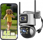 Outdoor Surveillance Camera 8MP 4K Dual Lens Cameras 2.4G WiFi PTZ WLAN 360&deg; Viewing Area with People Vehicle Detection, 6x Hybrid Zoom, 2-Way Audio, Full Colour Night Vision, Alarm Message, IP66