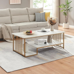 [en.casa] Klibro kohvilaud 2 riiuliga elutuba 120 x 60 x 42 cm ruudukujuline metallraamiga marmorist valge/kuldne