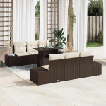 Garten-Sofa-Set 7-teilig in Braun und Creme mit Kissen und Glas-Tisch als modernes Gartenm&ouml;bel-Set f&uuml;r den Outdoor-Bereich