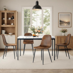 Homy Casa Esstisch-Set, K&uuml;chentisch mit Marmormuster und 4 Wildlederst&uuml;hlen, K&uuml;chentisch f&uuml;r Esszimmer, Wohnzimmer, 120 x 70 x 75 cm, wei&szlig;er Schreibtisch und schwarze Beine + braune St&uuml;hle aus